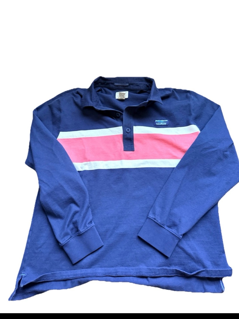 L.L. Bean Rugby Navy pink stripe Long-Sleeve Polo preppy sz L